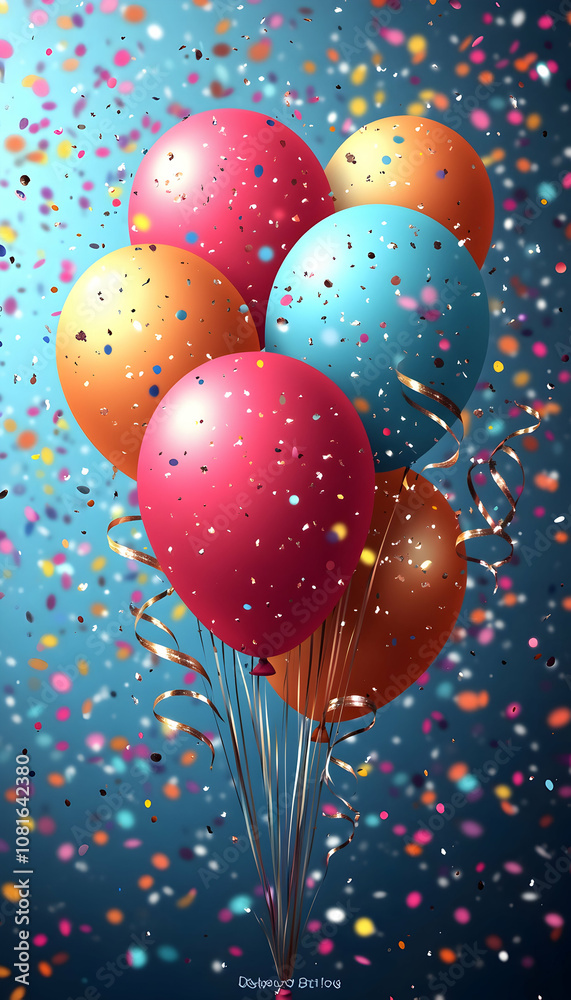 Colorful balloons and confetti on a blue background.