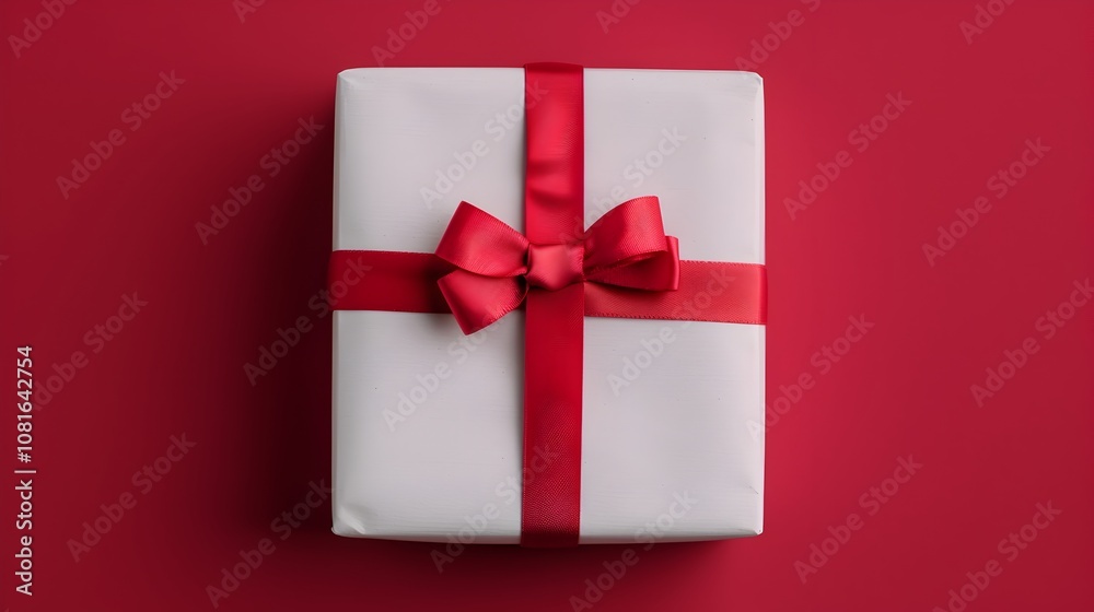 White gift box with red ribbon and bow on red background, festive holiday present White gift box with red ribbon and bow on red background, festive holiday present