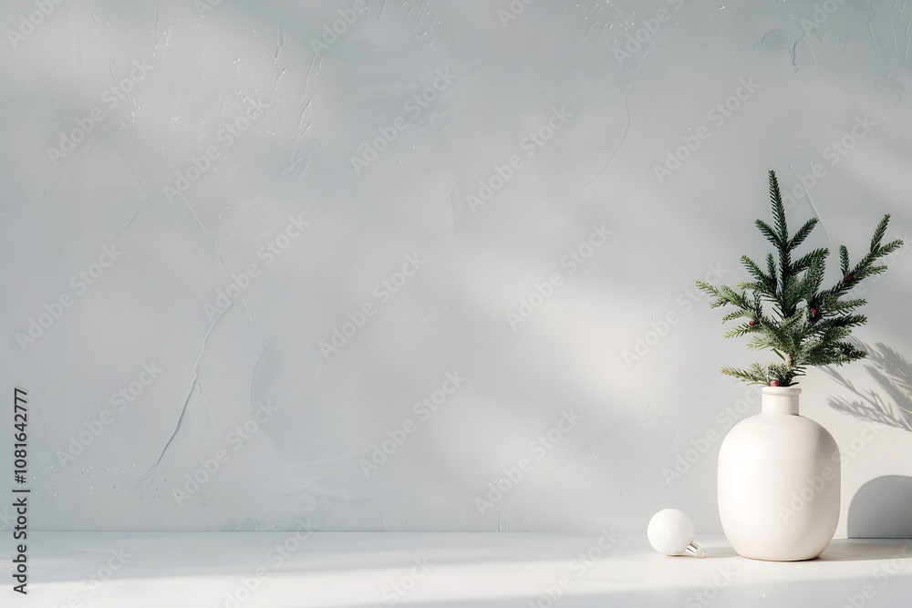 Minimalistic white vase with pine branches on a light background, winter home decor concept