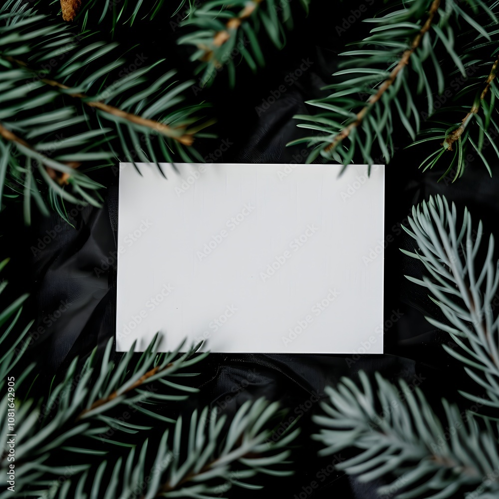 blank card with pine branches on dark background, christmas greeting mockup with copy space blank card with pine branches on dark background, christmas greeting mockup with copy space