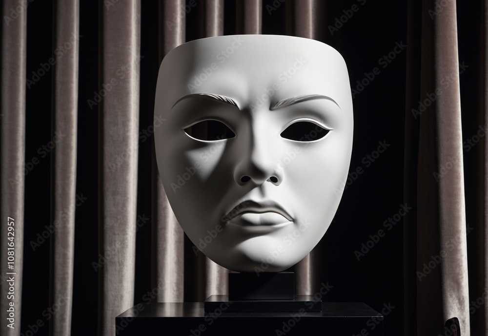 A clean white mockup of a classic, tragic theatre mask with a sorrowful expression. The mask is crafted from smooth, white plaster and features exaggerated, sculpted features like a downturned mouth A clean white mockup of a classic, tragic theatre mask with a sorrowful expression. The mask is crafted from smooth, white plaster and features exaggerated, sculpted features like a downturned mouth