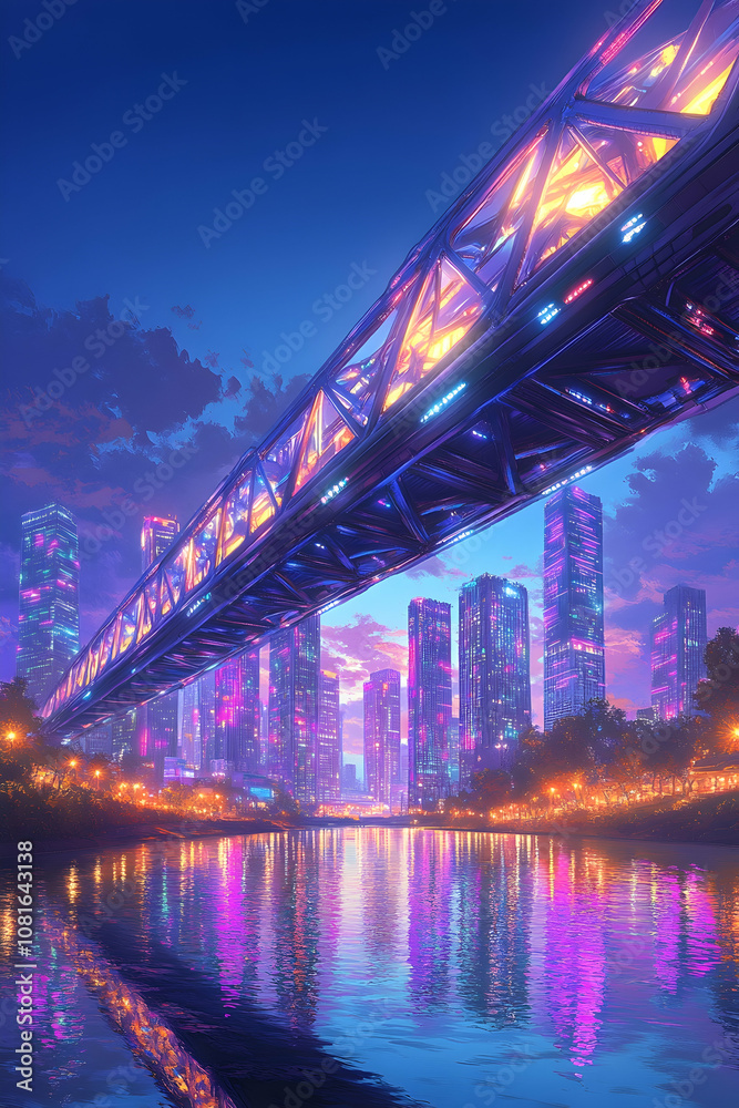 Obraz premium Futuristic cityscape with a glowing bridge over a river at dusk.