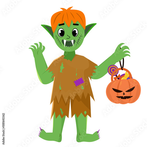 Illustration of an adorable zombie character with a pumpkin bucket filled with candy