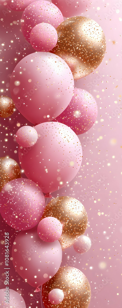 Pink and gold spheres with glitter on a soft pink background. Pink and gold spheres with glitter on a soft pink background.