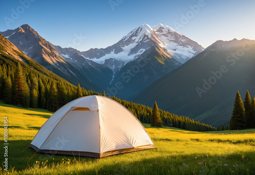 A clean white mockup of a spacious dome tent with a bright, sunny sky and majestic mountain peaks in the background. The tent is set up on a grassy meadow with wildflowers blooming around it. 