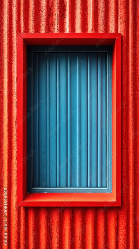 A vibrant blue window framed in bold red corrugated material. A vibrant blue window framed in bold red corrugated material.