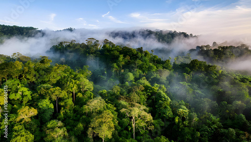 Misty Rainforest: A breathtaking aerial view of a lush, vibrant rainforest shrouded in a mystical veil of mist. Lush foliage and rolling hills create a sense of serenity and wonder. 