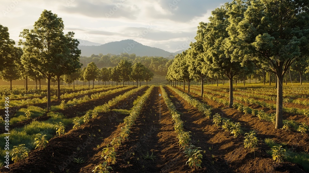 Obraz premium A reforested landscape with rows of newly planted trees growing in harmony with native species, showcasing the balance between conservation and responsible timber production. 