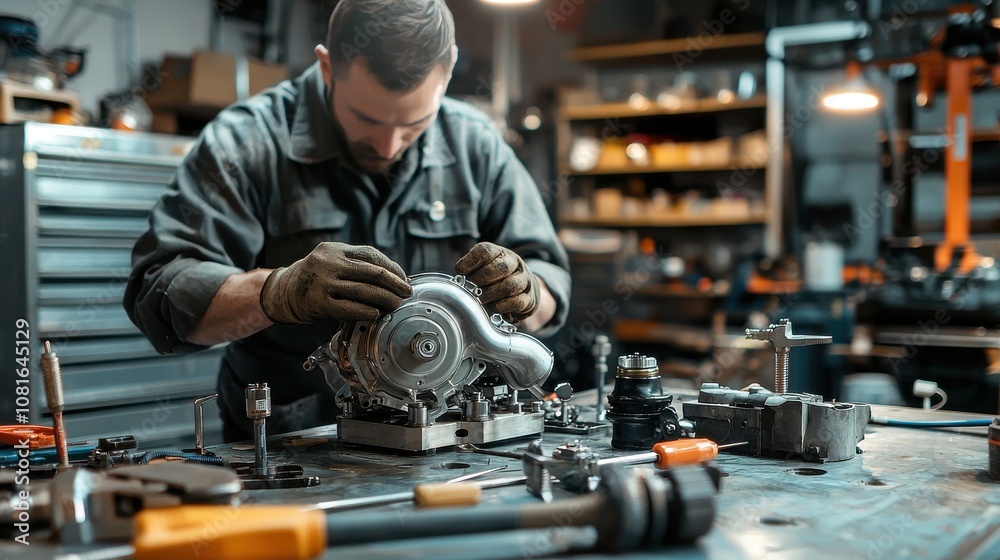 Experienced mechanic performing a turbocharger installation in a repair shop Experienced mechanic performing a turbocharger installation in a repair shop