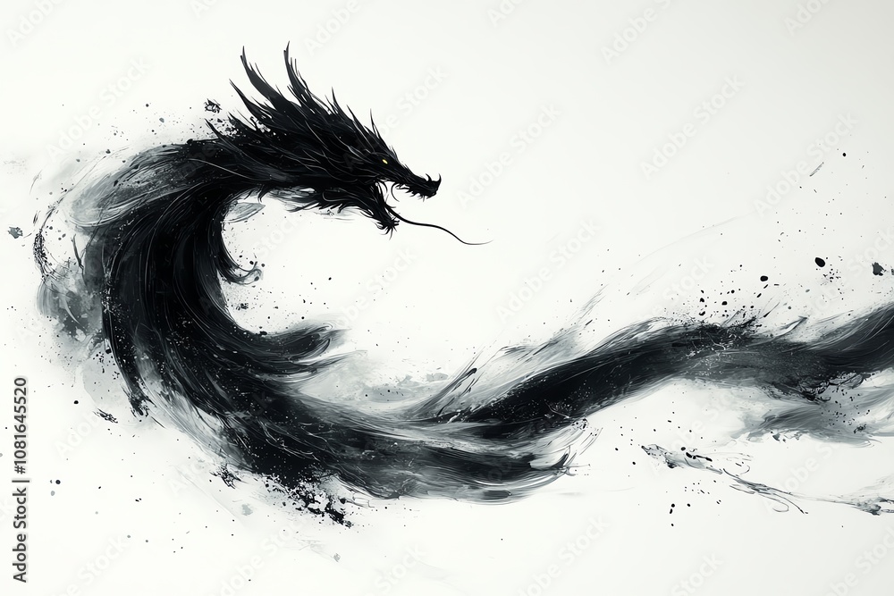 A dynamic, stylized brushstroke art piece depicting a dragon emerging from a swirling mist or smoke. A dynamic, stylized brushstroke art piece depicting a dragon emerging from a swirling mist or smoke.