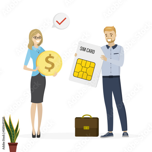 Mobile and communication salon. Salesman presenting sim card with new tariff. Manager give simcard, woman buyer give payment. Businesswoman purchase new sim card.