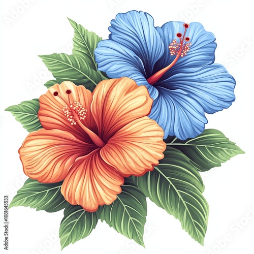 A vibrant illustration of orange and blue hibiscus flowers surrounded by lush green leaves, showcasing tropical beauty and floral elegance.