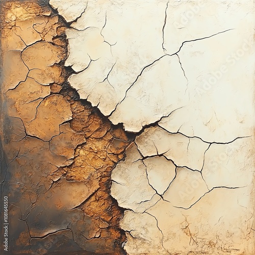 A textured, cracked surface featuring contrasting shades of brown and beige, showcasing the effects of erosion and aging.