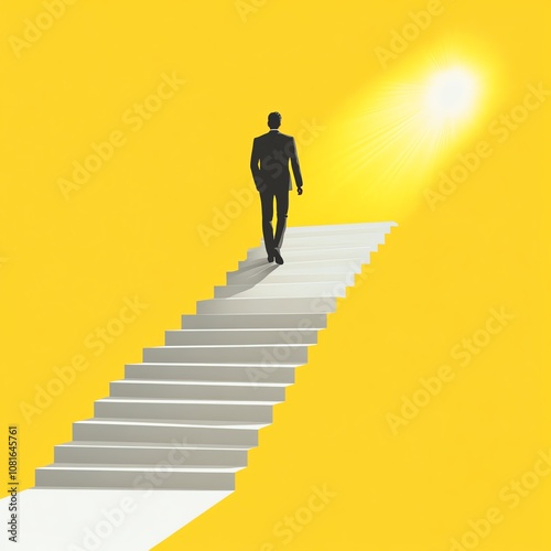 A silhouette of a man walking up white stairs towards a bright light against a vibrant yellow background, symbolizing ambition and achievement.