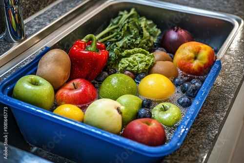 Blue basin full of fruits and vegetables with tap water in the kitchen sink. Disinfecting fruits and vegetables to prevent the spread of the coronavirus - generative ai