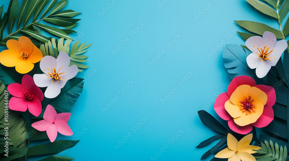 Fototapeta premium Colorful paper flowers and leaves on a bright blue background showcasing creative crafting ideas