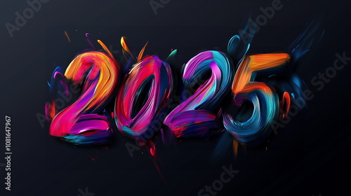 Dynamic 2025 number letters painted with a brush using colorful paint on a black background. New Year, Year-end, holiday, Events, Festivals, Celebrations, Party. Isolated.