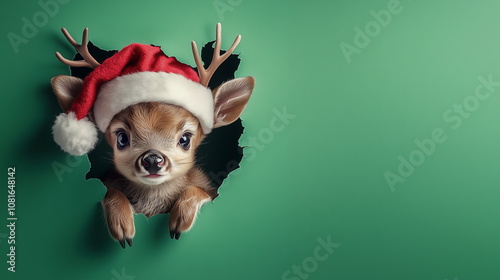 A close-up of a cute baby reindeer or deer in a red Santa hat sticking its face out through a hole in a green paper wall. Christmas, Xmas, Decoration, Card, Background. copy space.