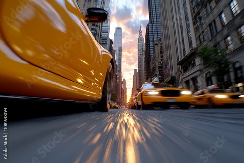A yellow taxi cab driving down a city street at sunset