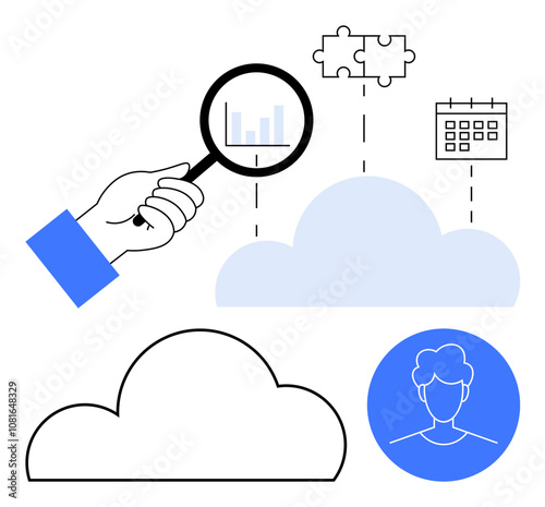 Magnifying glass focusing on bar chart over cloud, puzzle pieces, calendar, and user avatar. Ideal for cloud storage, data analysis, online collaboration, task management, user profiles technology