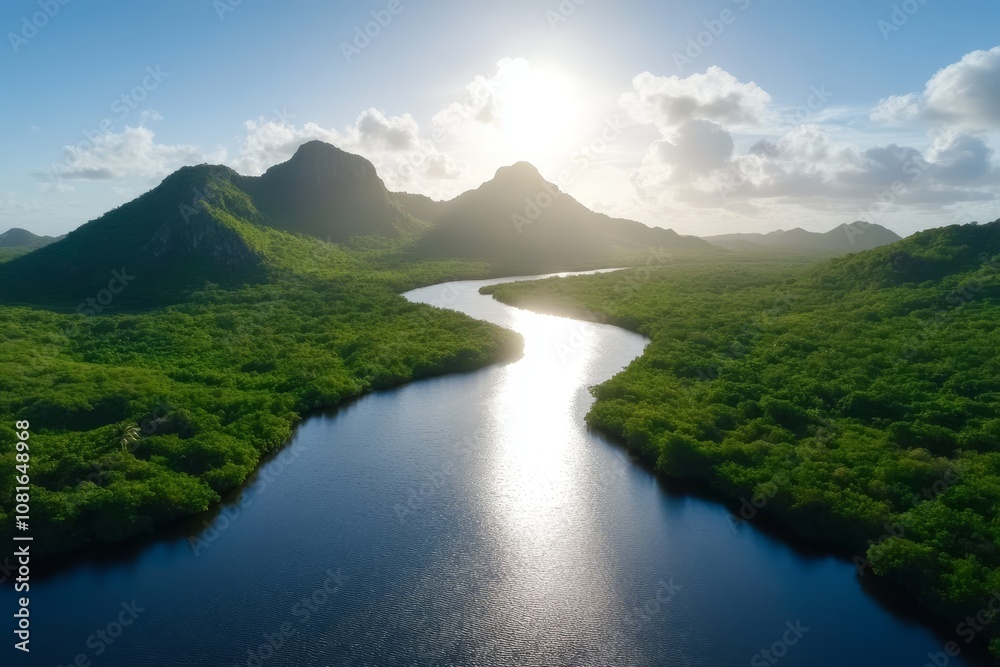 Fototapeta premium A river running through a lush green forest with mountains in the background