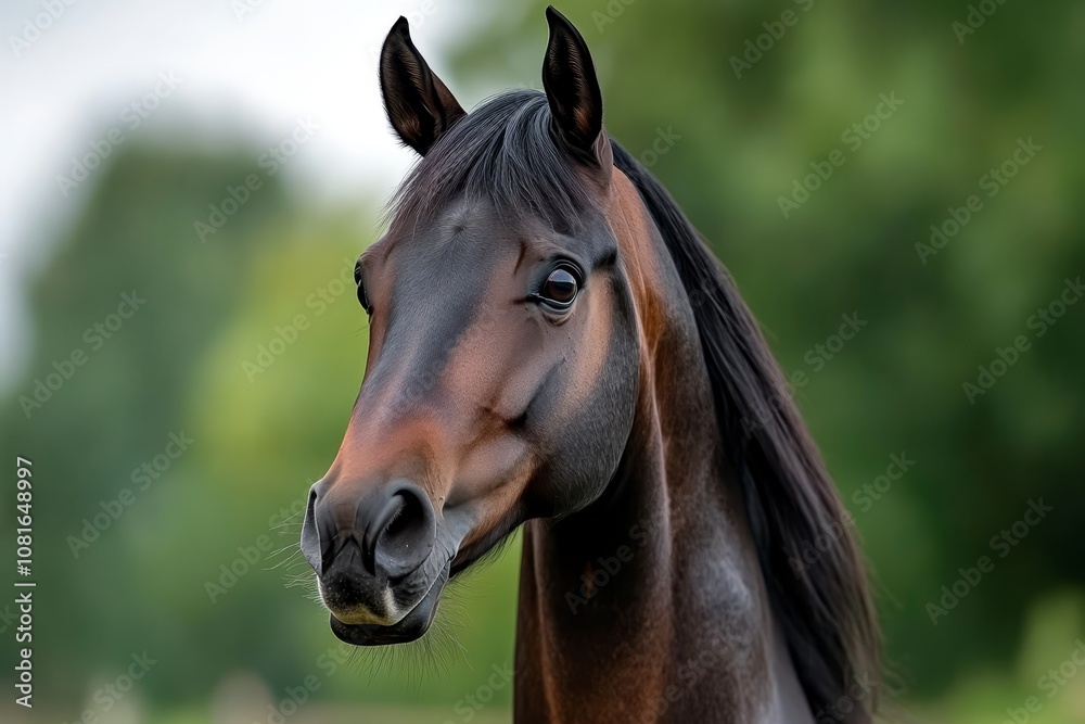 A brown horse with a black mane standing in a field A brown horse with a black mane standing in a field