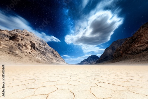 A desert landscape under a starry sky with clouds