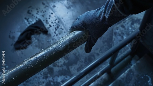 Professional janitor’s hands in gloves carefully wiping a railing. Cleanliness, hygiene, sanitation, and safety in public spaces,public responsibility, maintenance,routine care photo