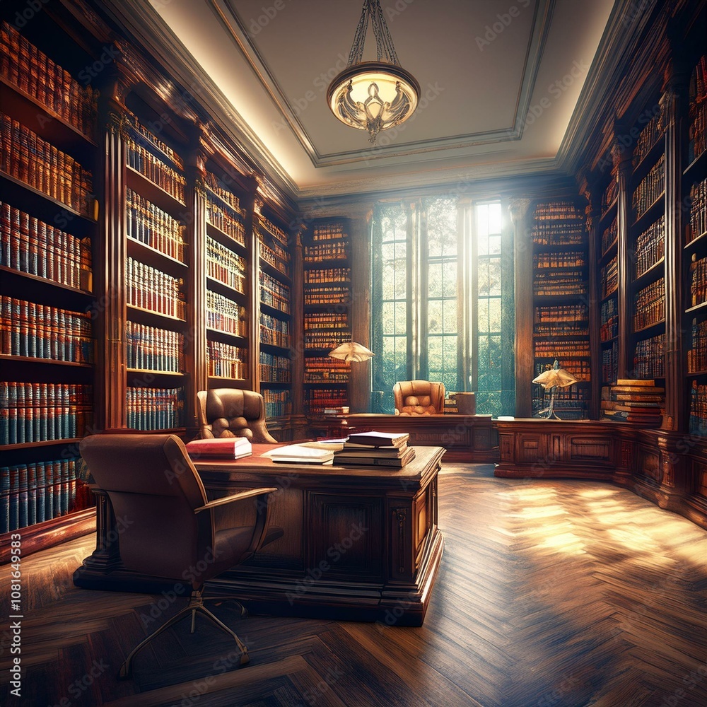 Professional Law Library with Shelves of Legal Books and Documents in an Elegant Office Setting Professional Law Library with Shelves of Legal Books and Documents in an Elegant Office Setting