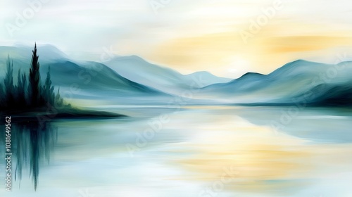 A painting of a lake with mountains in the background