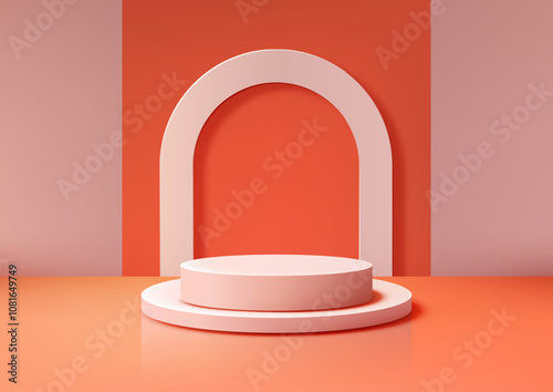 3D White Podium with Archway on Vibrant Orange and Pink Background for Minimal Product Display or Showcase