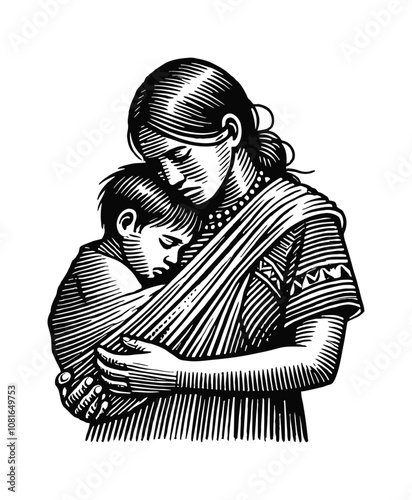 sad native traditional indigenous mother holding her child closely engraving black and white outline