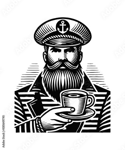 sailor holding a coffee cup engraving black and white outline