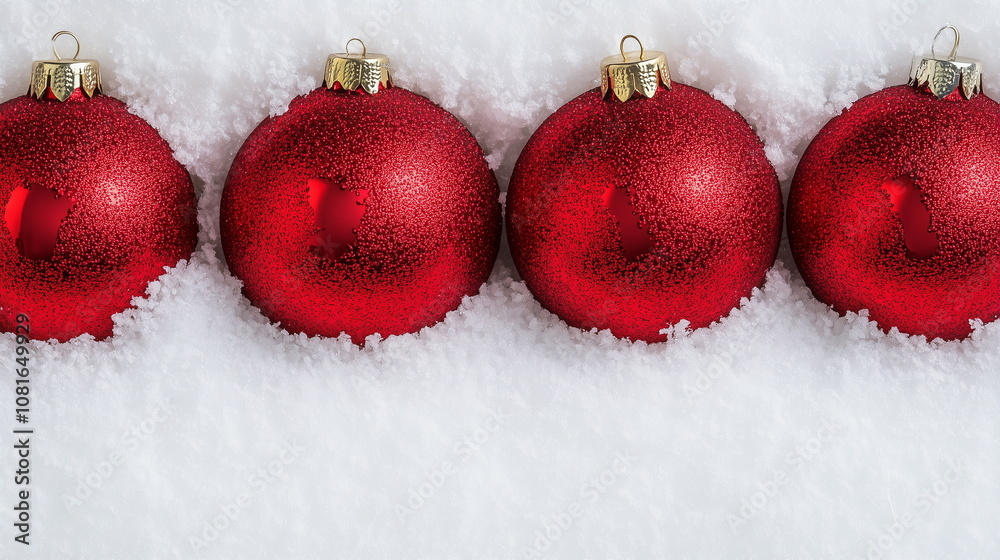 Close-up of four red Christmas balls lined up on white snow. Winter or Christmas background. Top view. Close-up of four red Christmas balls lined up on white snow. Winter or Christmas background. Top view.