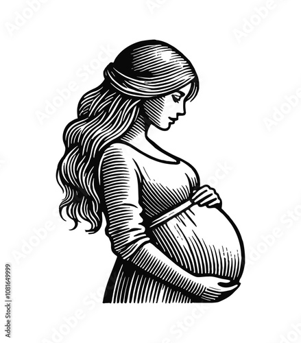 pregnant woman in a side profile engraving black and white outline