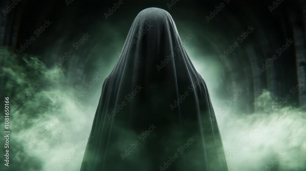 A woman in a black cloak standing in a dark tunnel A woman in a black cloak standing in a dark tunnel