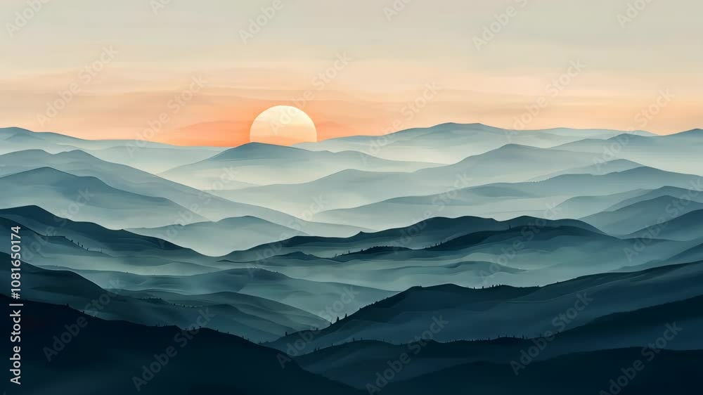 Serene Sunrise Over Layered Mountain Landscape, Calming Nature Illustration.