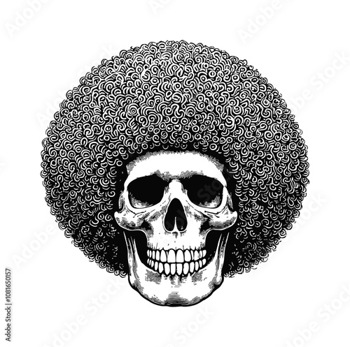 human skull with an afro hairstyle engraving black and white outline