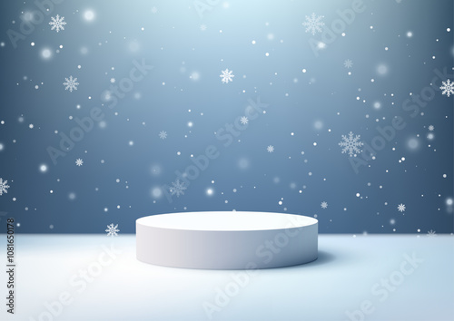 3D White Cylindrical Podium on Blue Snowflake Background, Festive Christmas Display for Product Mockup, Seasonal Showroom Showcase, and Elegant Holiday