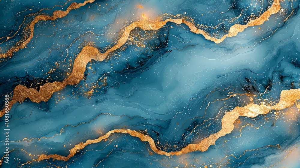 Abstract blue and gold marbled texture with flowing patterns. Abstract blue and gold marbled texture with flowing patterns.