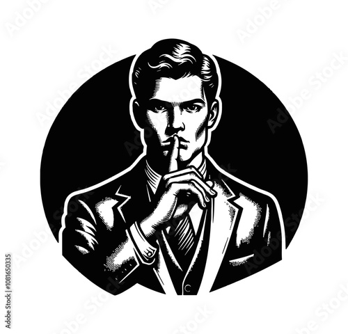 retro man finger silence pose engraving black and white outline