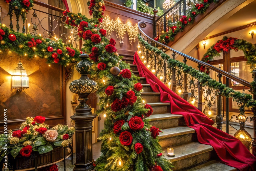 Vibrant Red and Green Garlands Elegantly Wrap Around a Regal Staircase for Festive Decoration Vibrant Red and Green Garlands Elegantly Wrap Around a Regal Staircase for Festive Decoration