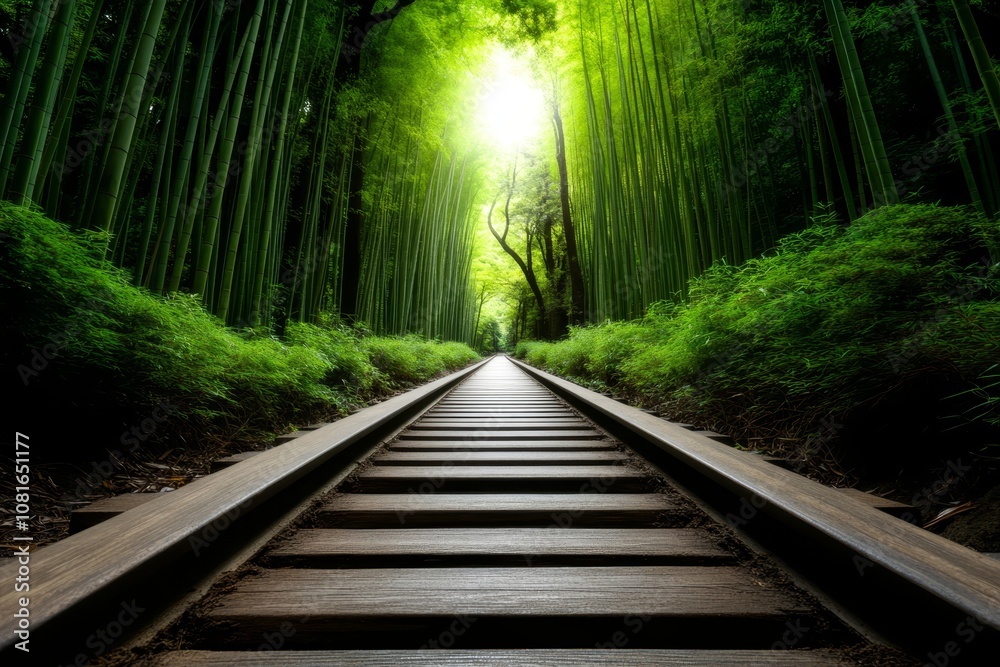 Obraz premium A train track in the middle of a lush green forest