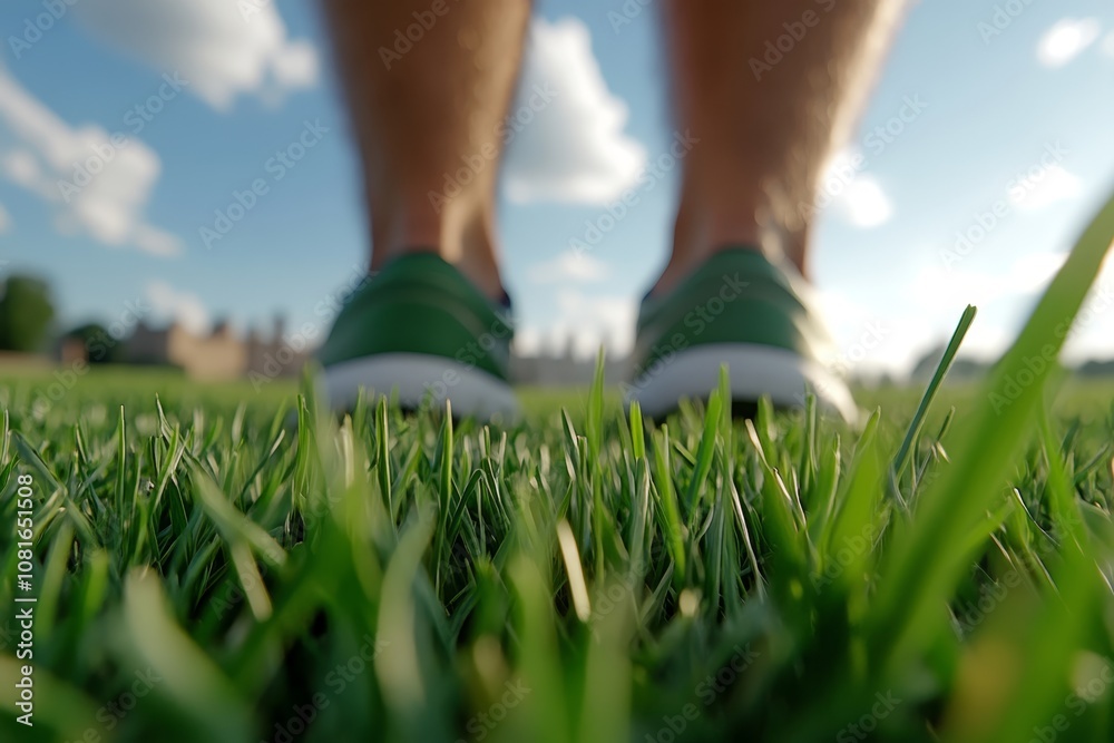 A person walking across a lush green field of grass A person walking across a lush green field of grass