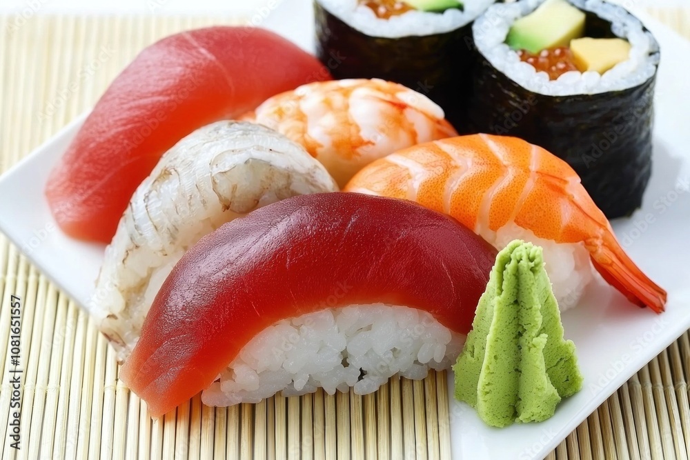 Sushi feast japanese restaurant food plating indoor setting close-up view culinary delight