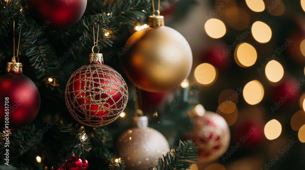 Close-up of part of a Christmas tree with Christmas balls hanging on it. Blurry golden bokeh, dark background. Christmas, xmas, winter, season, new year, festival, party, event, holiday. Close-up of part of a Christmas tree with Christmas balls hanging on it. Blurry golden bokeh, dark background. Christmas, xmas, winter, season, new year, festival, party, event, holiday.