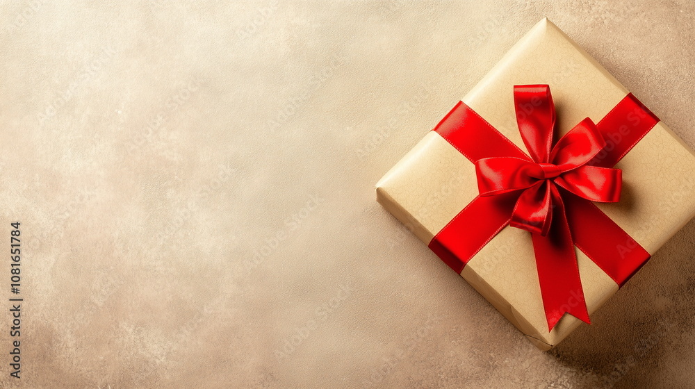 Fototapeta premium A close-up of one gift box wrapped in craft paper with a red ribbon. Isolated on beige background. Copy space. Top view. Birthday, celebration, event, anniversary, gift, packaging, decoration.