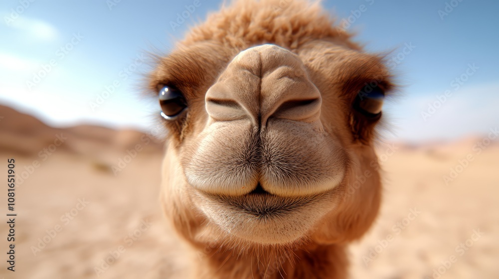 Fototapeta premium A close up of a camel's face in the desert
