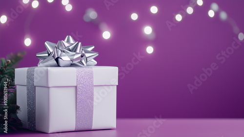 A white gift box with a silver ribbon decoration is placed on a purple background with sparkling lights, along with green pine needles. Christmas, Xmas, Celebration, Birthday, Party, Wrapping.