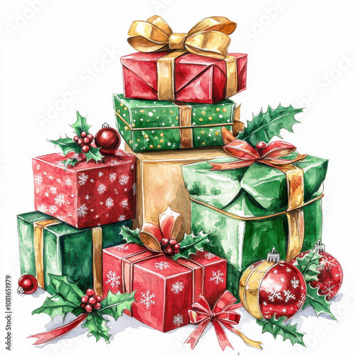 Colorful Christmas presents with festive decorations and holly leaves evoke joyful holiday spirit